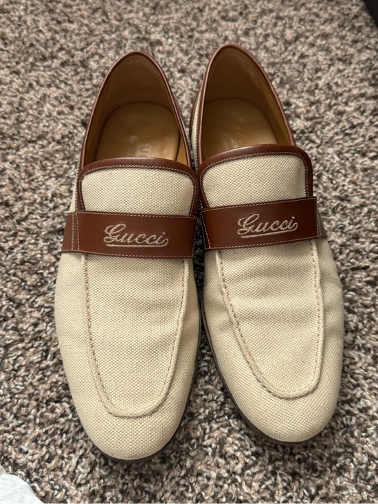 Gucci Men’s Cream Canvas and Brown Leather Loafers39 main image 6